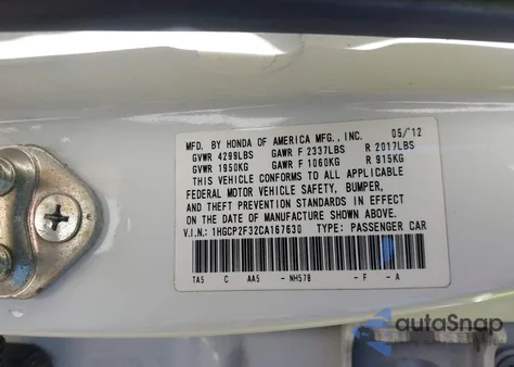 2012 Honda Accord 2.4 Lx из США, поврежденный, VIN 1HGCP2F32CA167630